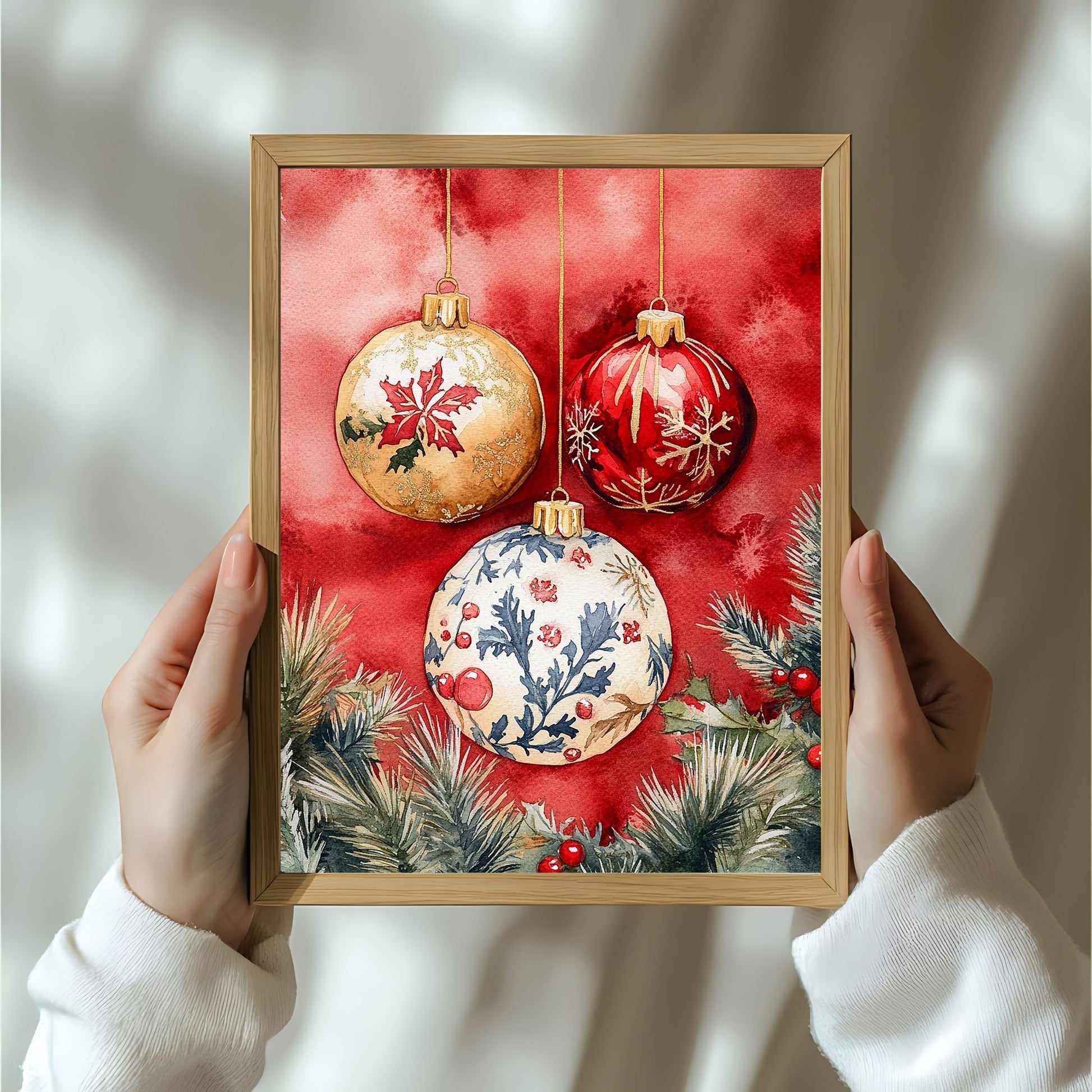 Motivene fra Vintage Jul kombinerer klassiske julekuler i rødt, gull og blått med delikate detaljer av vintergrener, kristtorn og snøfnugg. Illustrasjon viser motivet som plakat i ramme.