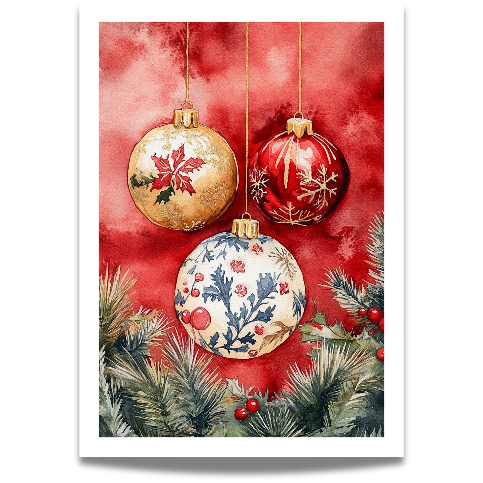 Motivene fra Vintage Jul kombinerer klassiske julekuler i rødt, gull og blått med delikate detaljer av vintergrener, kristtorn og snøfnugg. 
