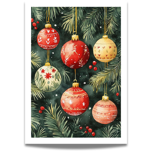 Motivene fra Vintage Jul kombinerer klassiske julekuler i rødt, gull og blått med delikate detaljer av vintergrener, kristtorn og snøfnugg.