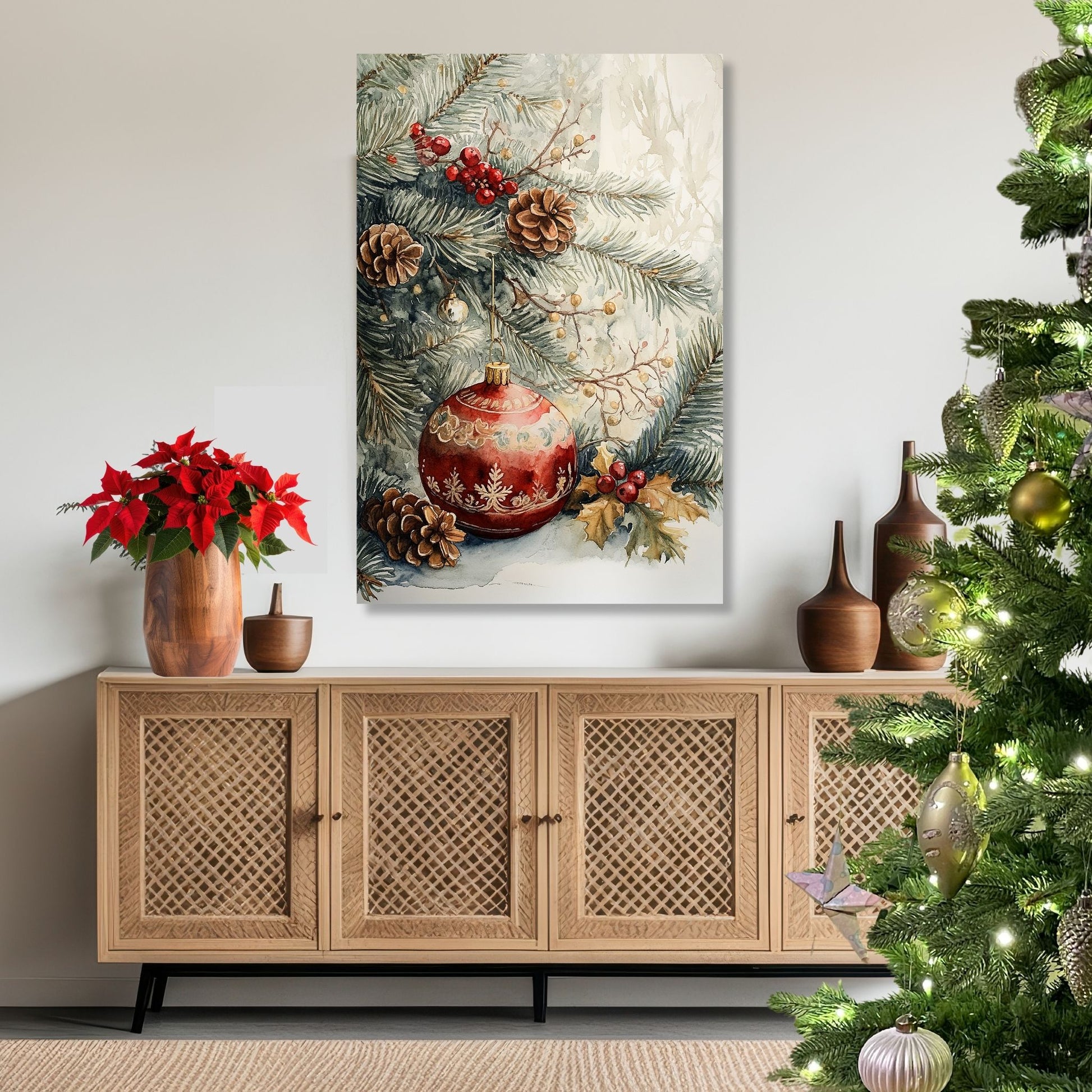 Motivene fra Vintage Jul kombinerer klassiske julekuler i rødt, gull og blått med delikate detaljer av vintergrener, kristtorn og snøfnugg. Illustrasjon viser motivet på lerret.