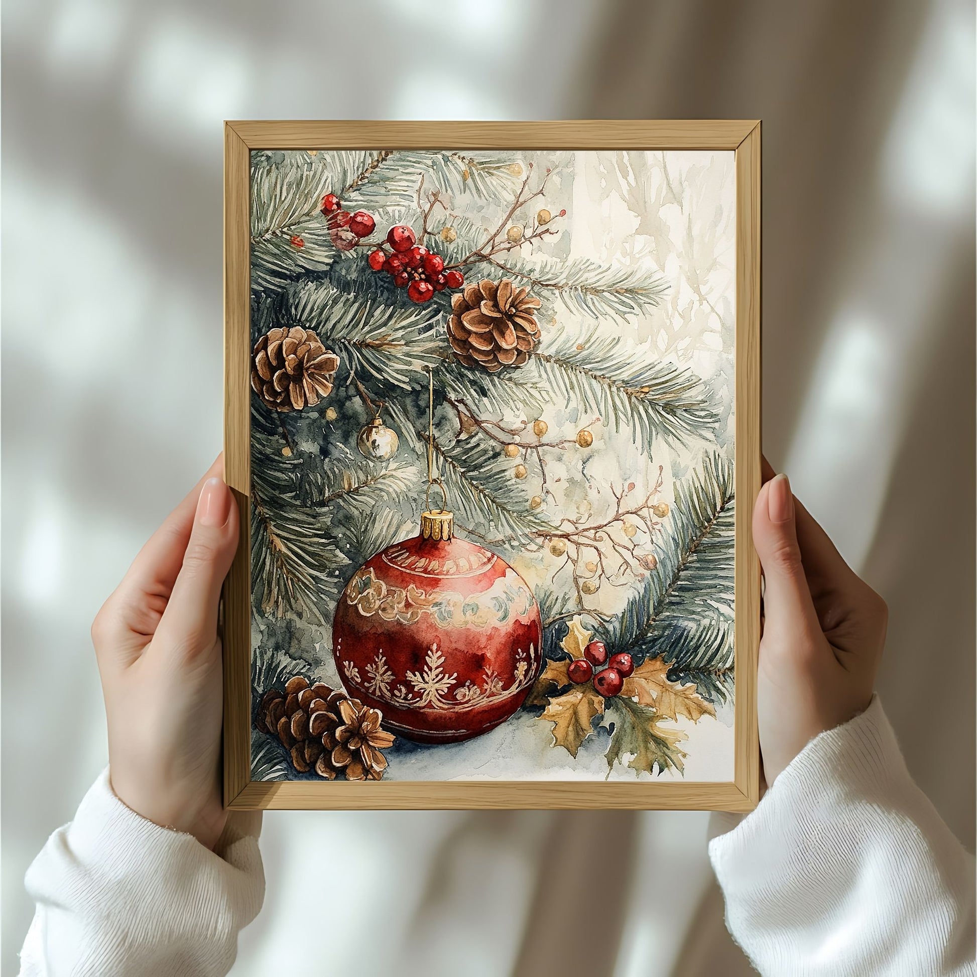 Motivene fra Vintage Jul kombinerer klassiske julekuler i rødt, gull og blått med delikate detaljer av vintergrener, kristtorn og snøfnugg. Illustrasjon viser motivet som plakat i ramme.