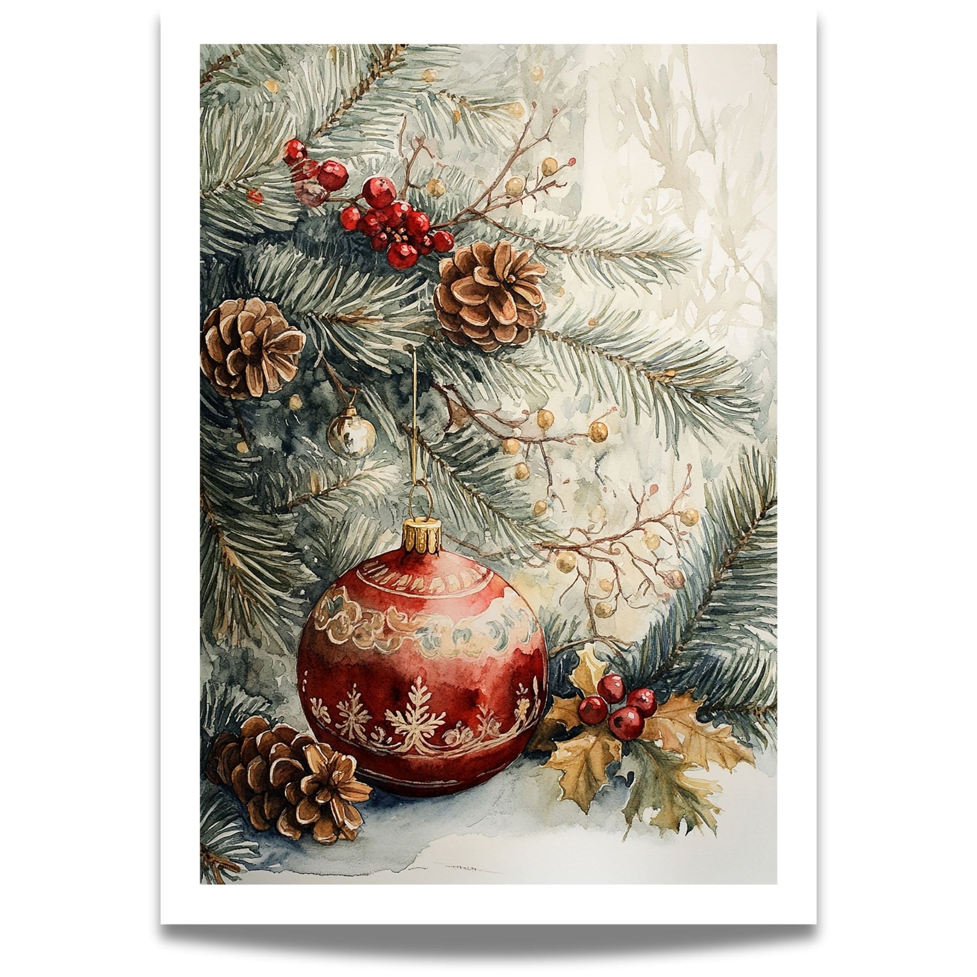 Motivene fra Vintage Jul kombinerer klassiske julekuler i rødt, gull og blått med delikate detaljer av vintergrener, kristtorn og snøfnugg.  