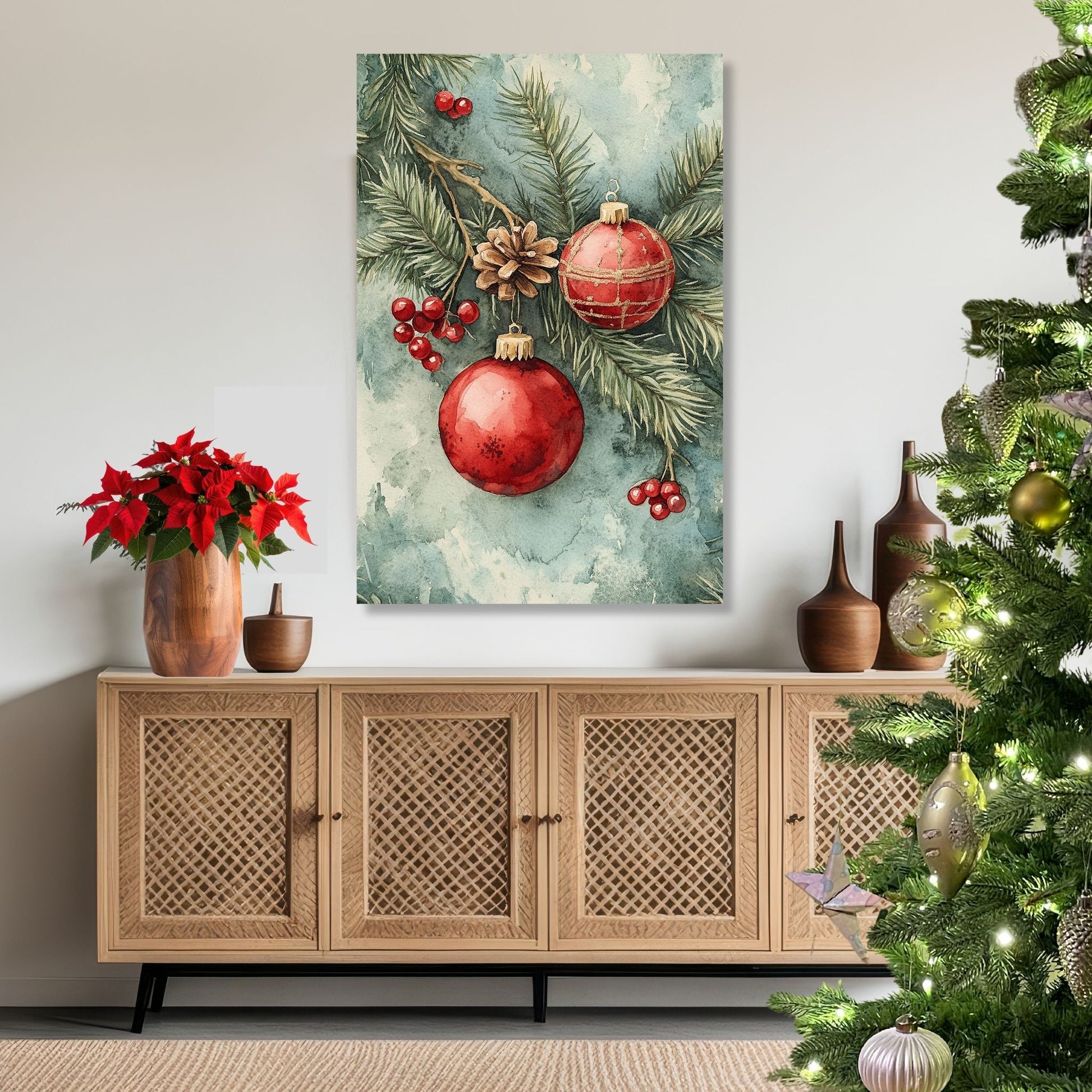 Motivene fra Vintage Jul kombinerer klassiske julekuler i rødt, gull og blått med delikate detaljer av vintergrener, kristtorn og snøfnugg. Illustrasjon viser motivet på lerret.