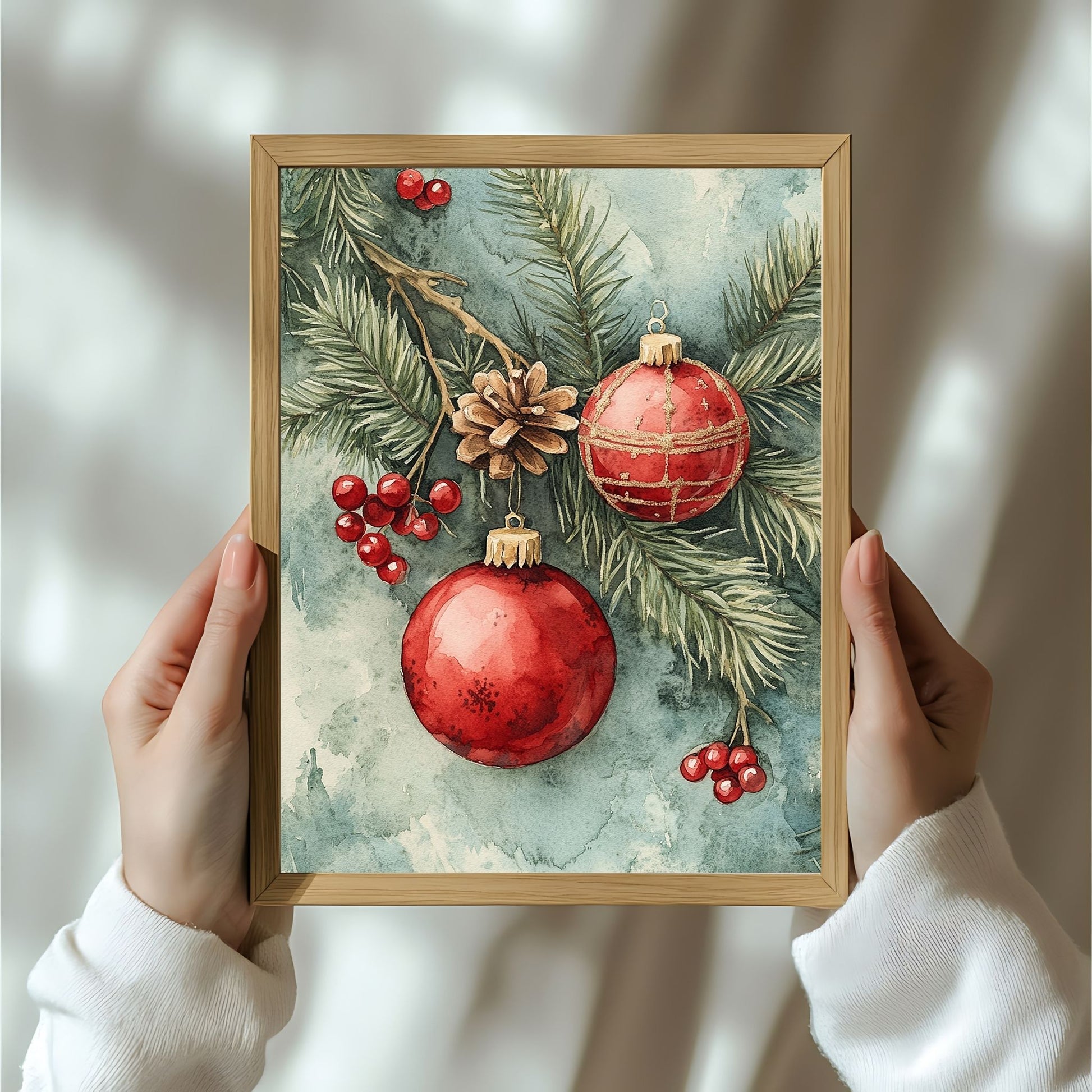 Motivene fra Vintage Jul kombinerer klassiske julekuler i rødt, gull og blått med delikate detaljer av vintergrener, kristtorn og snøfnugg. Illustrasjon viser motivet som plakat i ramme.