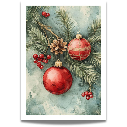Motivene fra Vintage Jul kombinerer klassiske julekuler i rødt, gull og blått med delikate detaljer av vintergrener, kristtorn og snøfnugg. 