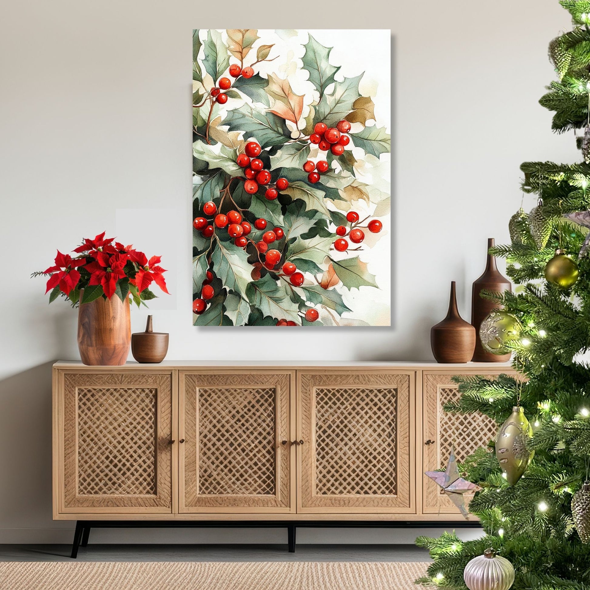 Bring tradisjonsrik julestemning inn i hjemmet ditt med vår tidløse Vintage Jul-plakat og lerret med nostalgiske kristtornmotiv. Illustrasjon viser motivet på lerret.