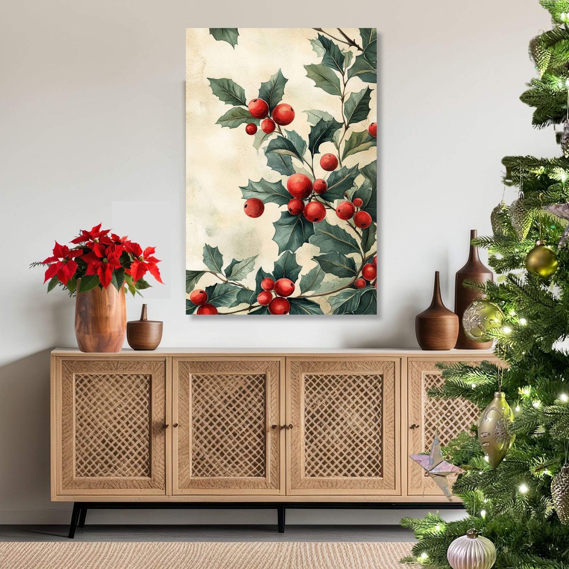 Bring tradisjonsrik julestemning inn i hjemmet ditt med vår tidløse Vintage Jul-plakat og lerret med nostalgiske kristtornmotiv. Illustrasjon viser motivet på lerret.