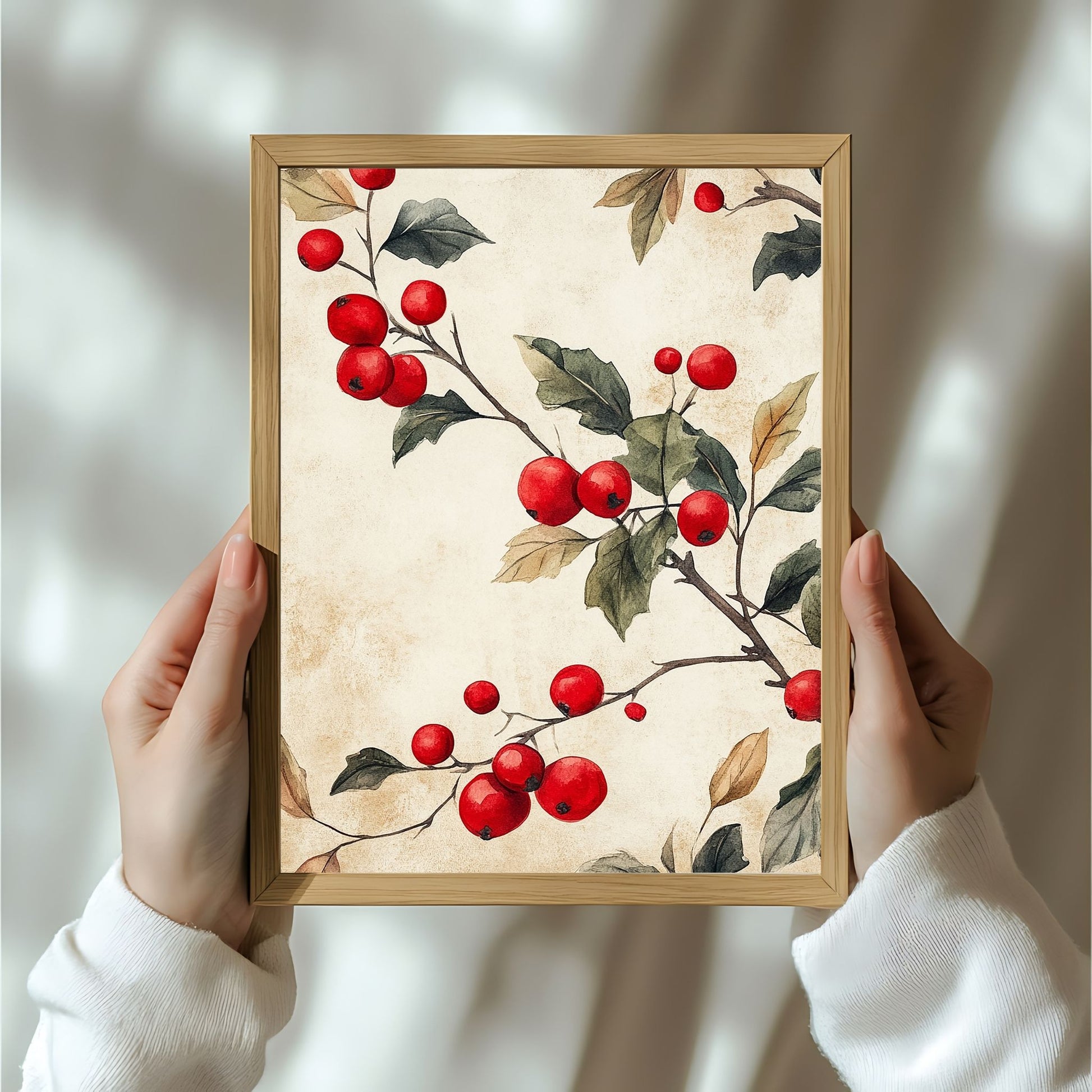 Bring tradisjonsrik julestemning inn i hjemmet ditt med vår tidløse Vintage Jul-plakat og lerret med nostalgiske kristtornmotiv. Illustrasjon viser motivet som plakat i ramme.