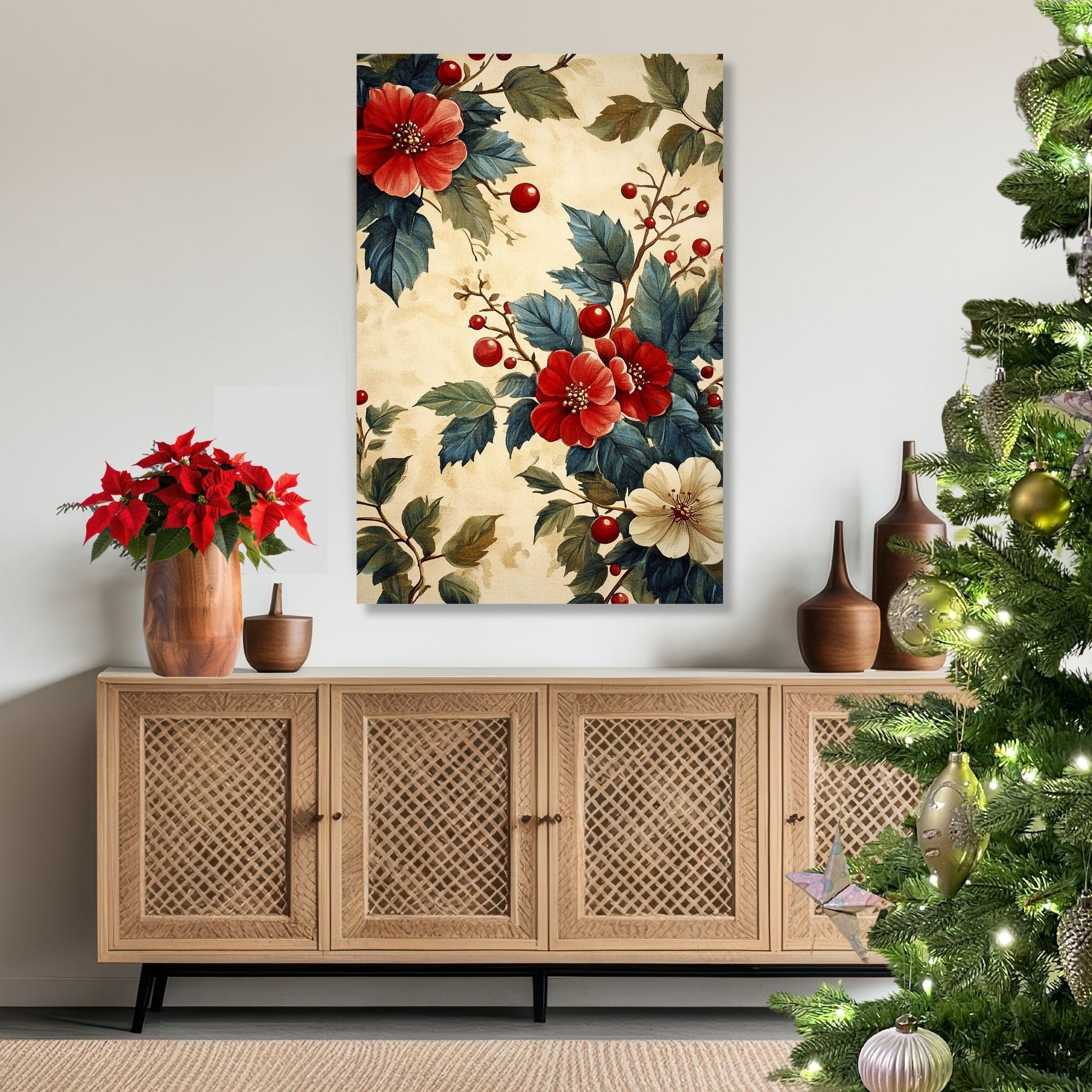 Denne vakre illustrasjonen kombinerer dype røde blomster, grønne blader og klassiske julebær, alt satt mot en myk vintage-bakgrunn. Illustrasjon viser motivet på lerret.