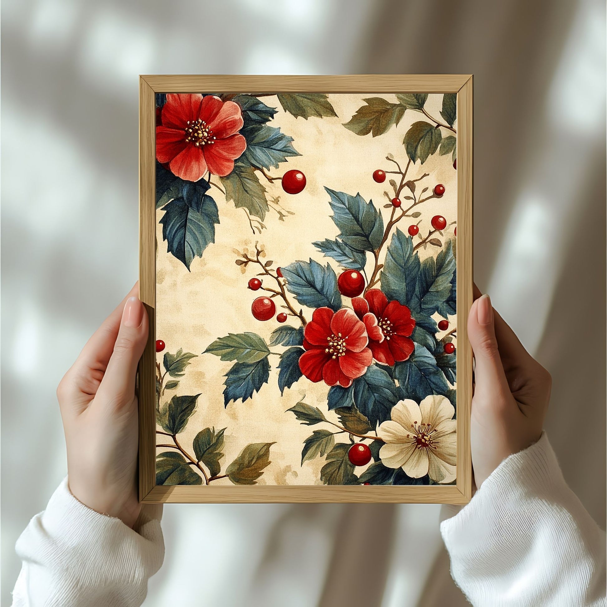 Denne vakre illustrasjonen kombinerer dype røde blomster, grønne blader og klassiske julebær, alt satt mot en myk vintage-bakgrunn. Illustrasjon viser motivet som plakat i ramme.