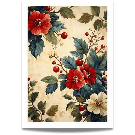 Denne vakre illustrasjonen kombinerer dype røde blomster, grønne blader og klassiske julebær, alt satt mot en myk vintage-bakgrunn.