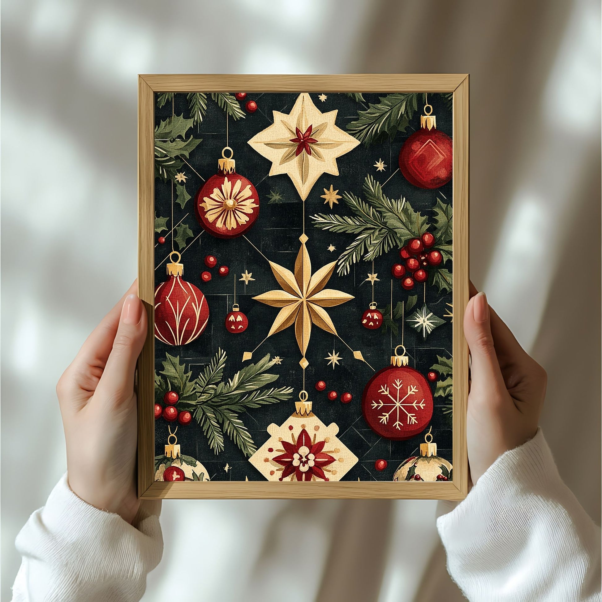 Juleormanenter som viser nøye utformede stjerner, julekuler og snøkrystaller i en nostalgisk palett av rødt, gull og grønt, alt mot en dyp og elegant bakgrunn. Illustrasjon viser motivet som plakat i ramme.