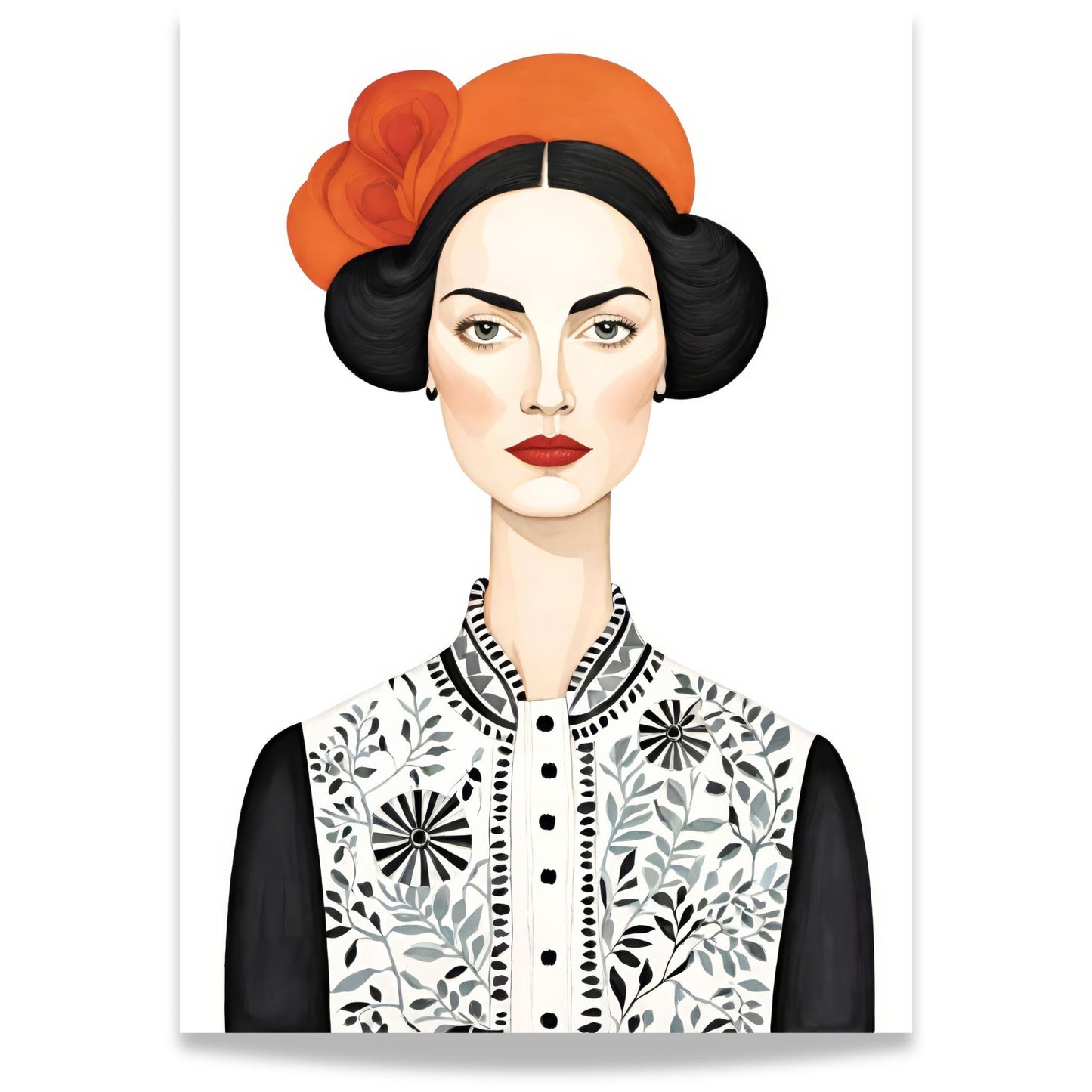 Denne sofistikerte illustrasjonen kombinerer vintage-inspirert mote med moderne kunstnerisk uttrykk. 
