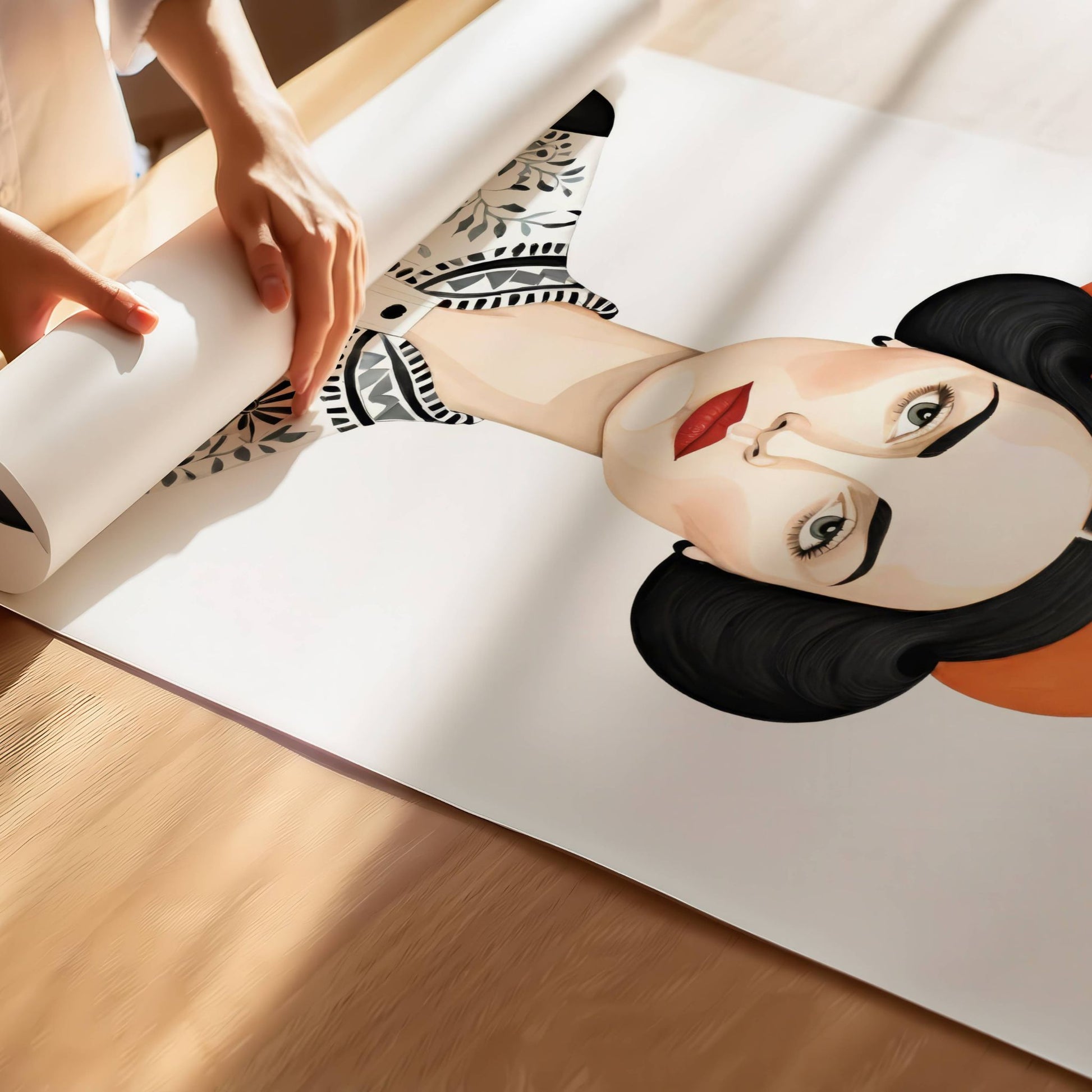 Denne sofistikerte illustrasjonen kombinerer vintage-inspirert mote med moderne kunstnerisk uttrykk. Illustrasjon viser plakat på print.