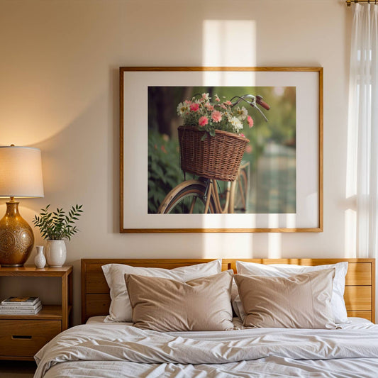 Dette vakre motivet av en klassisk sykkel med en kurv fylt av blomster skaper en følelse av varme, natur og romantikk. Illustrasjon viser motivet som plakat i eik ramme.