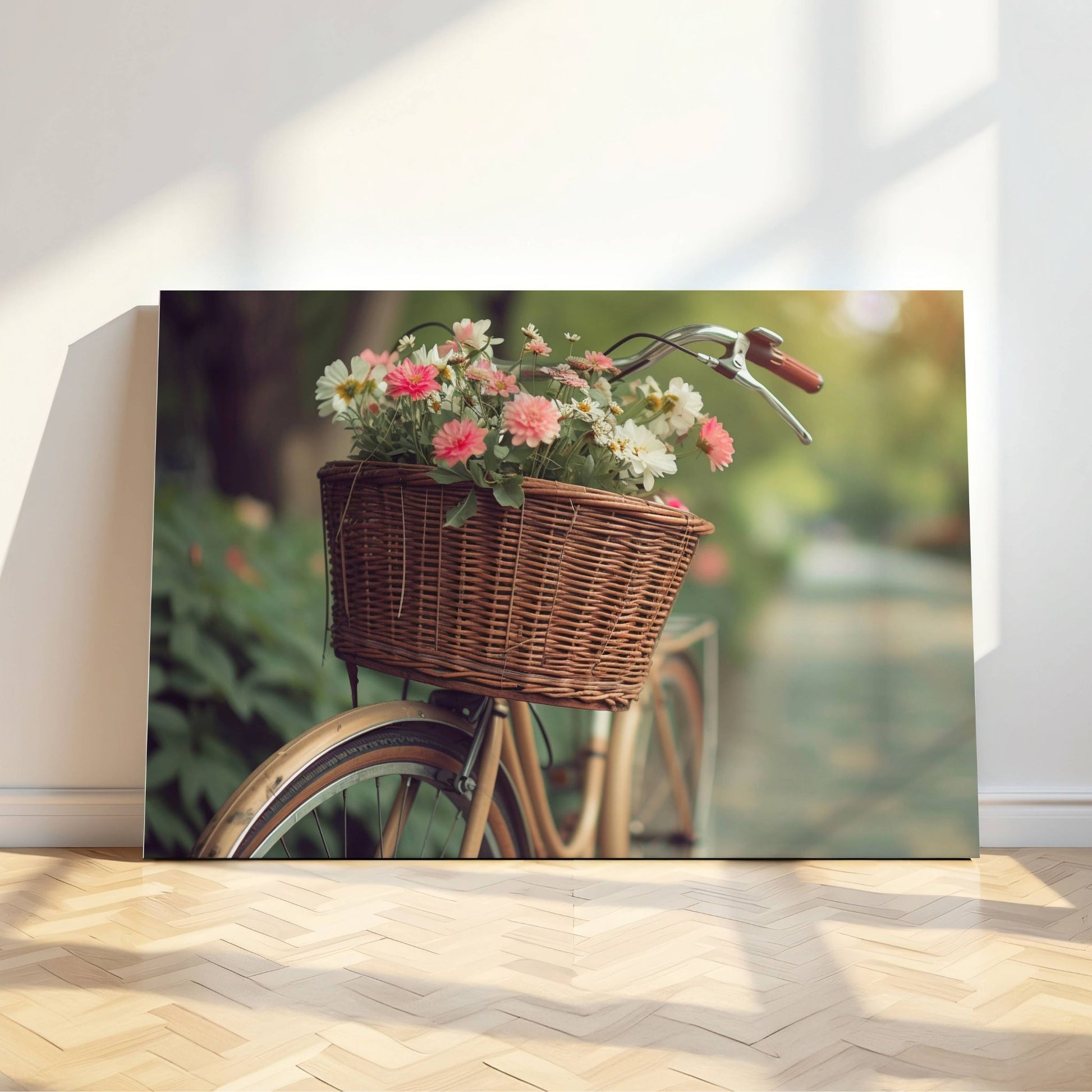 Dette vakre motivet av en klassisk sykkel med en kurv fylt av blomster skaper en følelse av varme, natur og romantikk.Illustrasjon viser motivet på lerret.