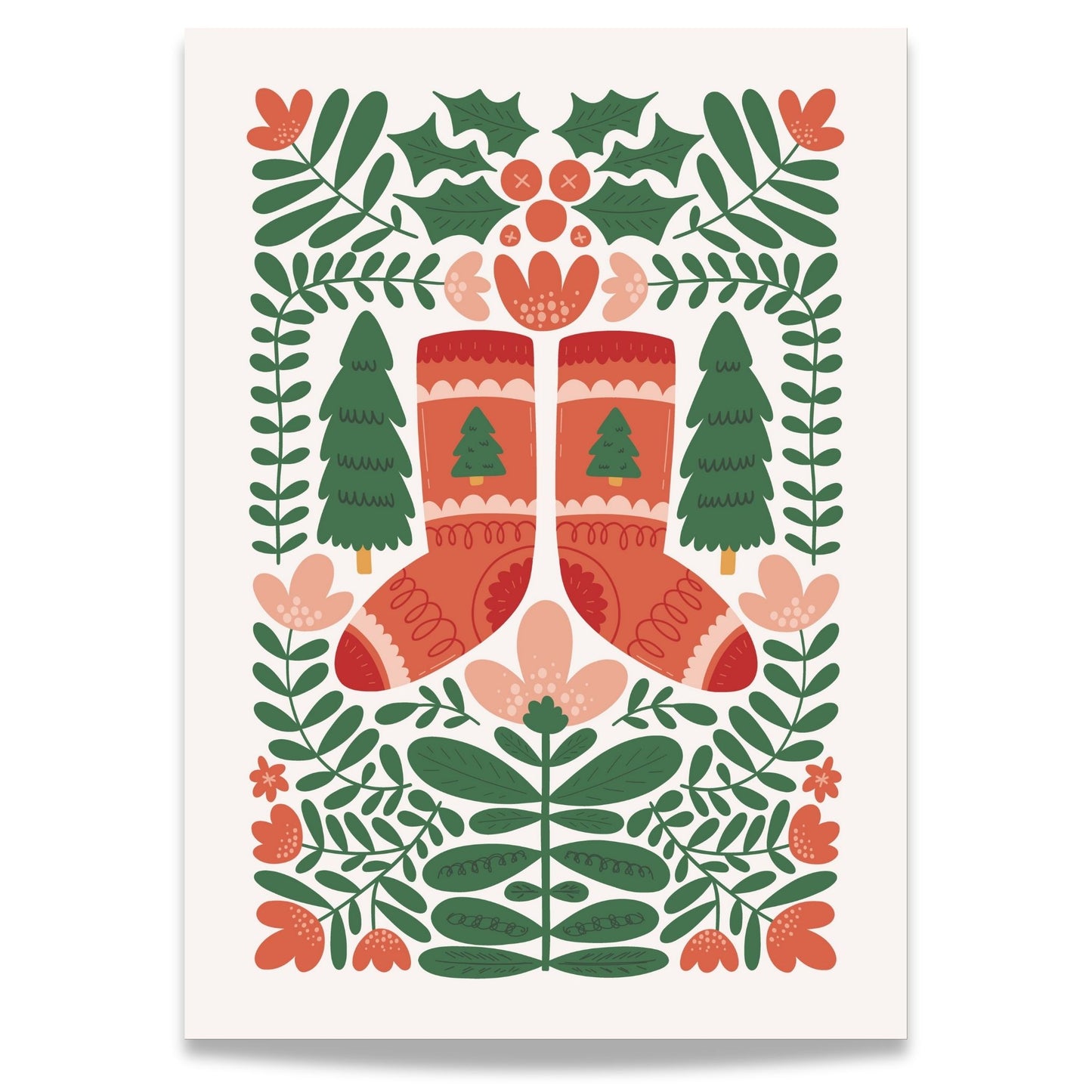"Vinterglede" er en leken og koselig plakat som viser et par røde, strikkede julestrømper omkranset av vintergrønt.