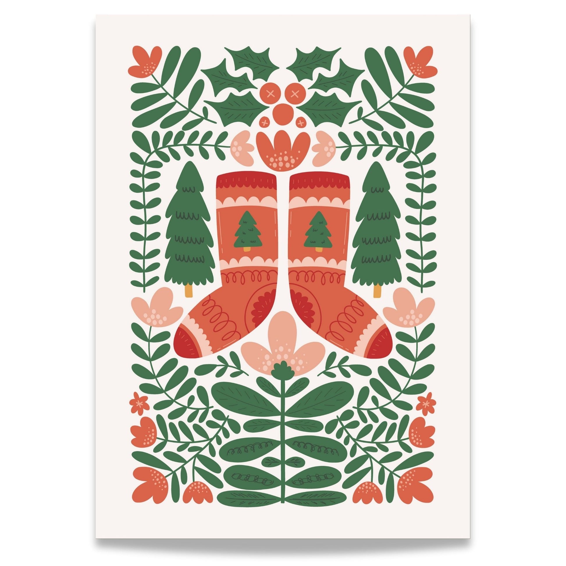 "Vinterglede" er en leken og koselig plakat som viser et par røde, strikkede julestrømper omkranset av vintergrønt.