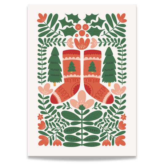 "Vinterglede" er en leken og koselig plakat som viser et par røde, strikkede julestrømper omkranset av vintergrønt.