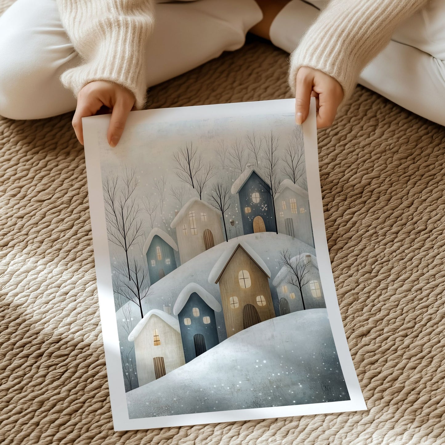 Dette illustrerte kunstverket har en drømmende og nostalgisk atmosfære, med snødekte tak og glødende vinduer som gir en varm kontrast til vinterens kjølige toner. Illustrasjon motivet med hvt kant på print.