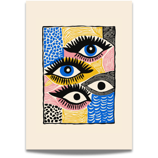 Vision Blocks er en særegen og uttrykksfull plakat med gjentatte øyemotiver og fargesterke felt i rosa, blått, gult og svart. Illustrasjon viser plakat med bred kant.