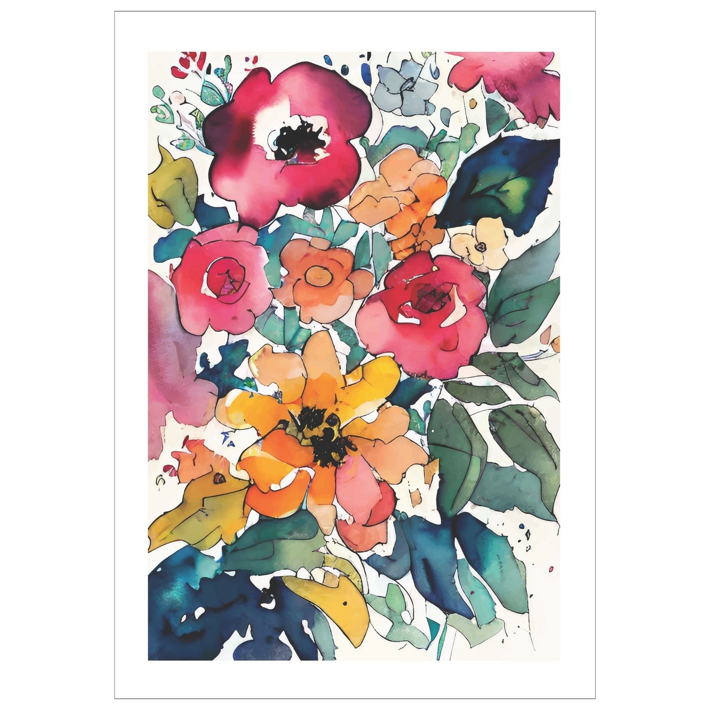 Watercolor Flowers - grafisk plakat, fargerik akvarell.