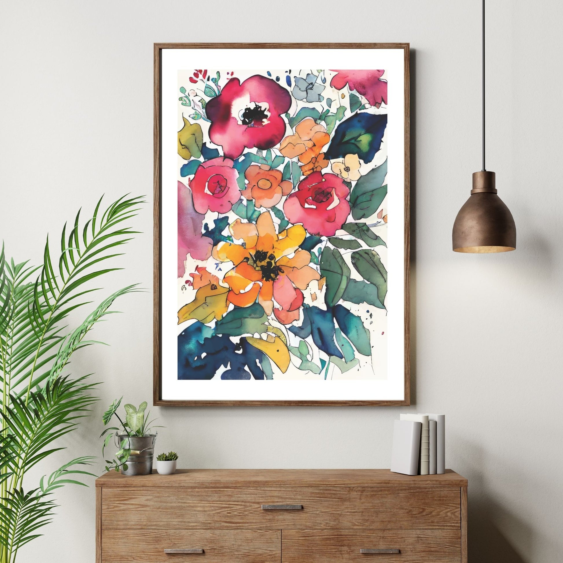 Watercolor Flowers - grafisk plakat, fargerik akvarell. Illustrasjon av plakt i brun ramme 