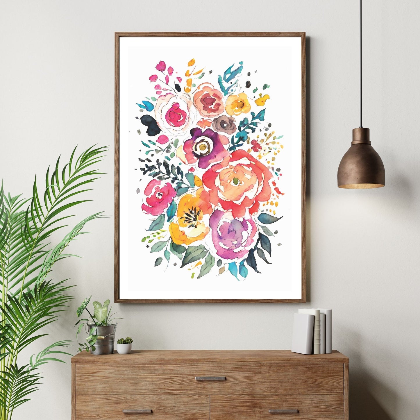 Watercolor Flowers - grafisk plakat, fargerik akvarell. Illustrasjon av plakt i brun ramme 