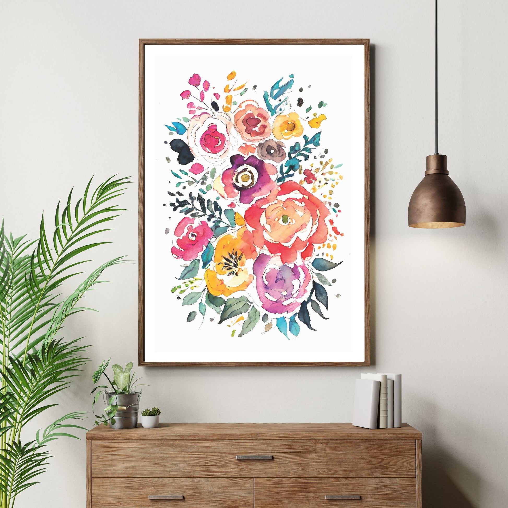 Watercolor Flowers - grafisk plakat, fargerik akvarell. Illustrasjon av plakt i brun ramme 