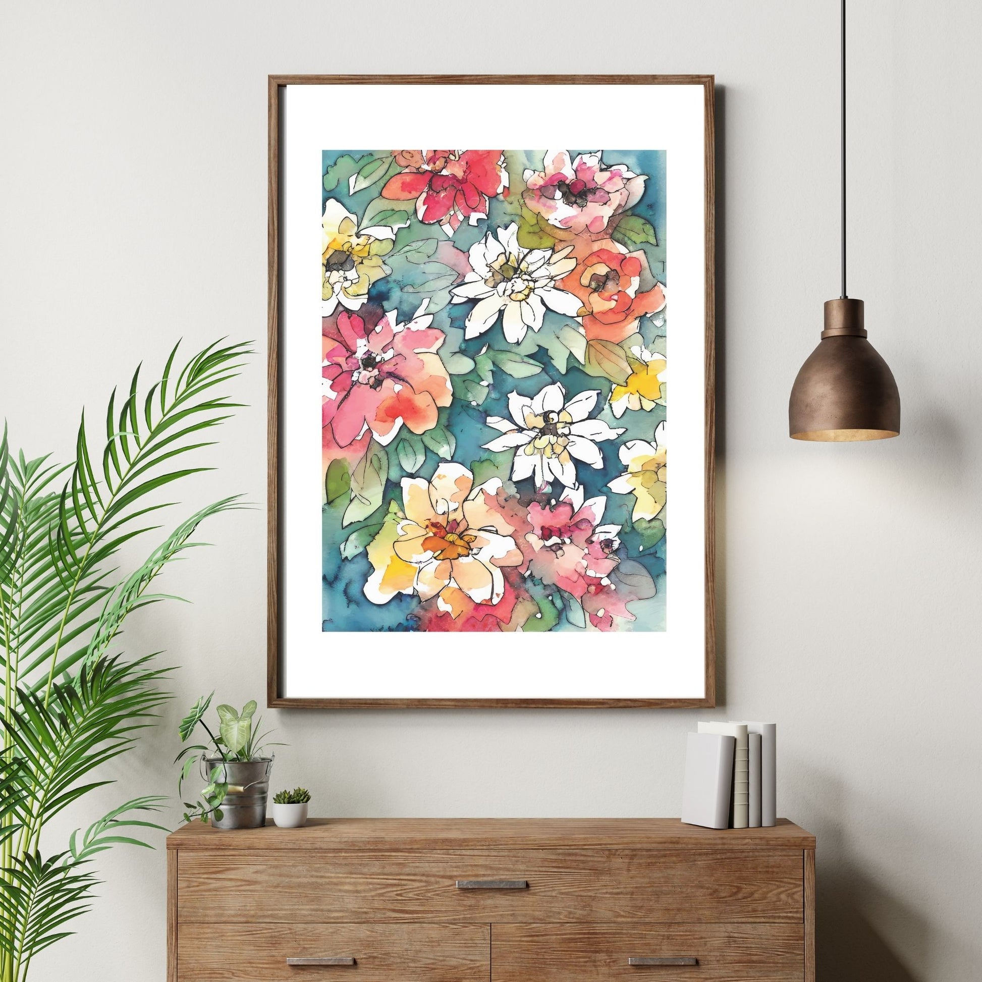 Watercolor Flowers - grafisk plakat, fargerik akvarell. Illustrasjon av plakt i brun ramme 