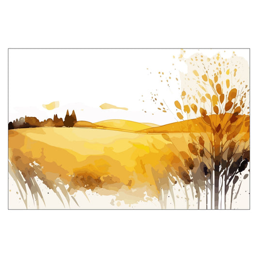 White Fields er en serie med grafisk akvarell. Motivet er åkerlandskap i duse orange, beige og svarte nyanser. Plakaten har en hvit kant som gir dybde og fremhever motivet. 