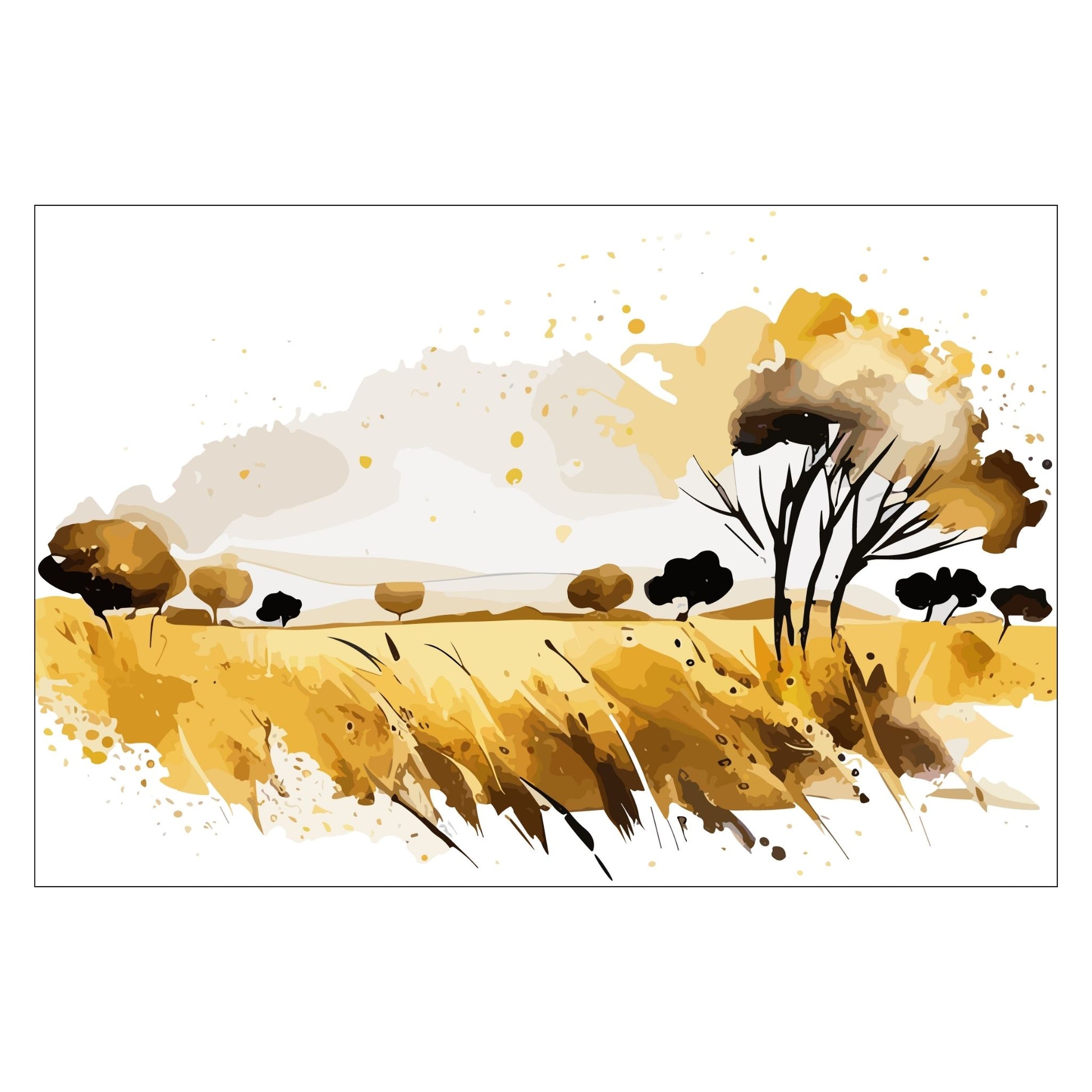 White Fields er en serie med grafisk akvarell. Motivet er åkerlandskap i duse orange, beige og svarte nyanser. Plakaten har en hvit kant som gir dybde og fremhever motivet. I