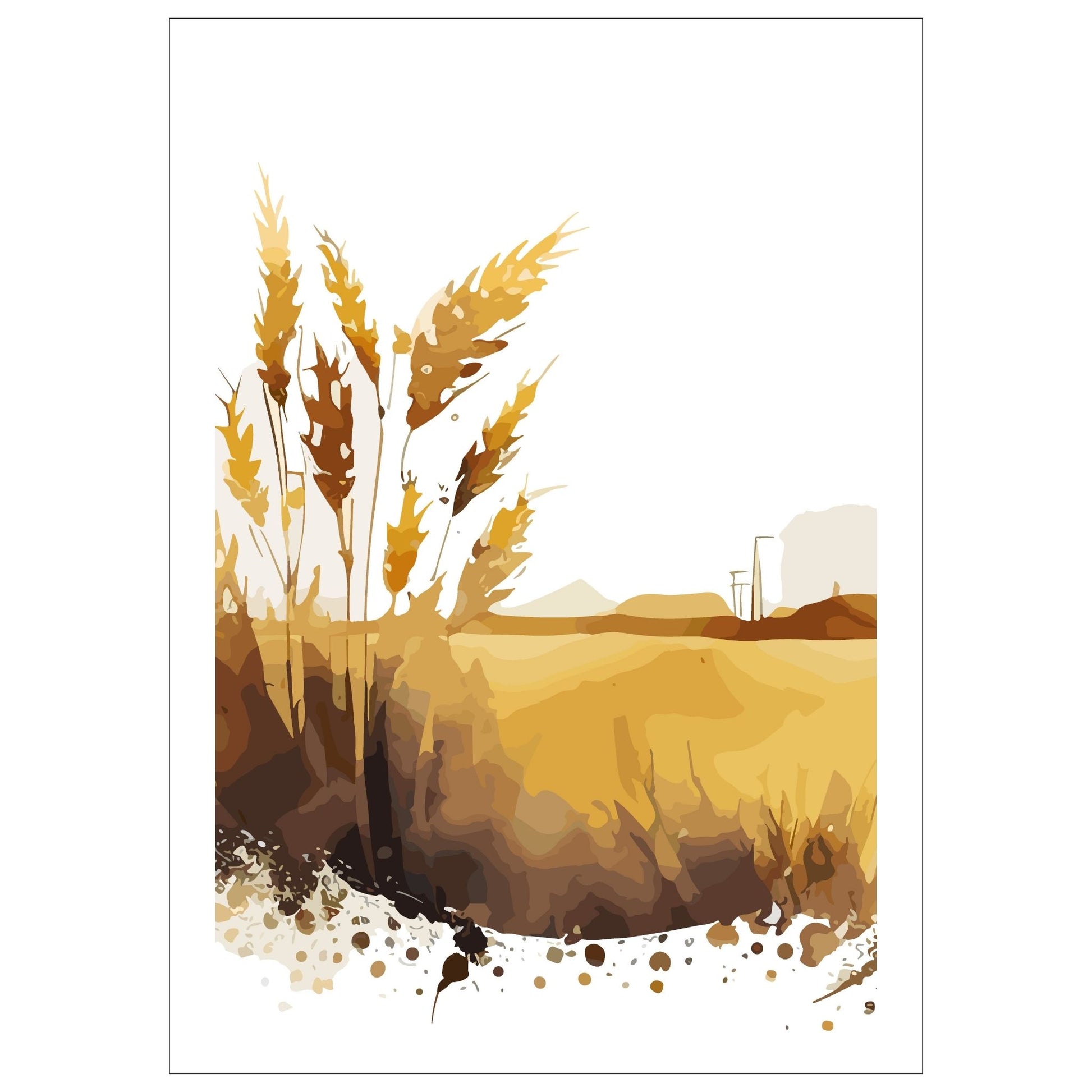 White Fields er en serie med grafisk akvarell. Motivet er åkerlandskap i duse orange, beige og svarte nyanser. Plakaten har en hvit kant som gir dybde og fremhever motivet.