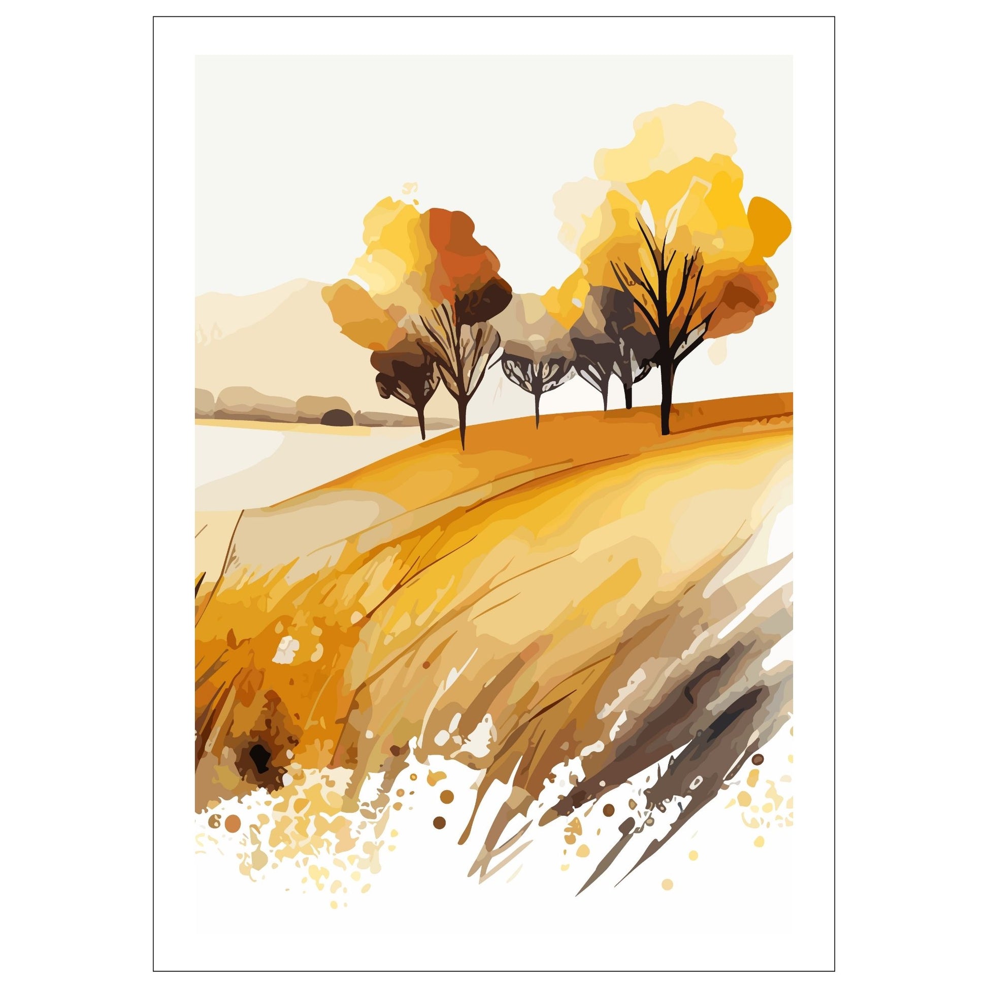 White Fields er en serie med grafisk akvarell. Motivet er åkerlandskap i duse orange, beige og svarte nyanser. Plakaten har en hvit kant som gir dybde og fremhever motivet.
