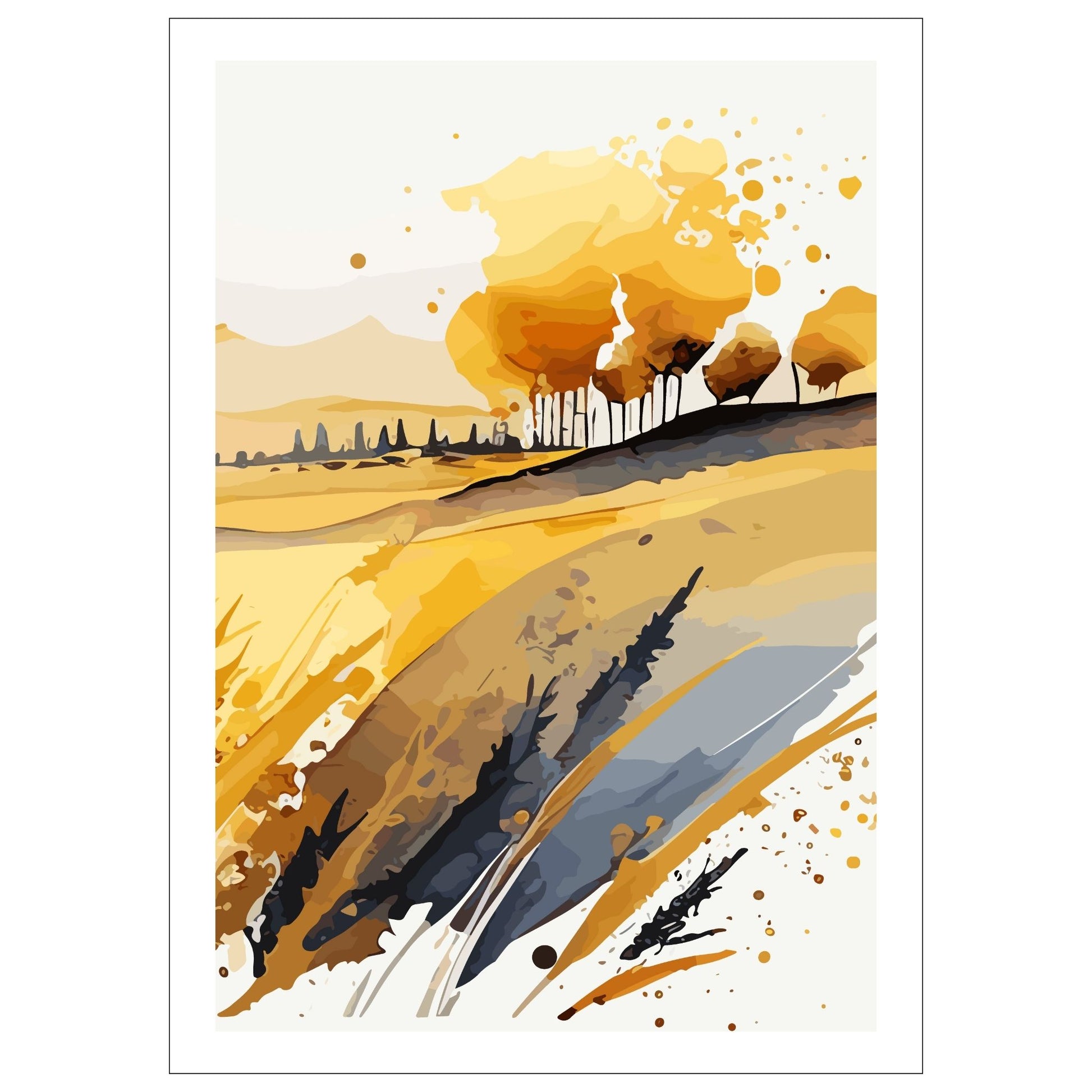 White Fields er en serie med grafisk akvarell. Motivet er åkerlandskap i duse orange, beige og svarte nyanser. Plakaten har en hvit kant som gir dybde og fremhever motivet. 