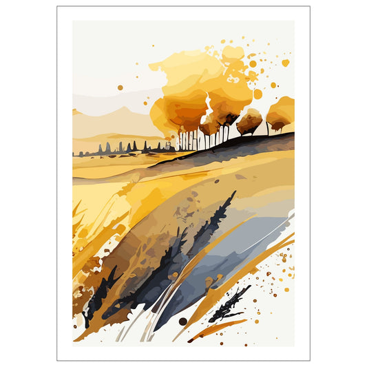 White Fields er en serie med grafisk akvarell. Motivet er åkerlandskap i duse orange, beige og svarte nyanser. Plakaten har en hvit kant som gir dybde og fremhever motivet. 