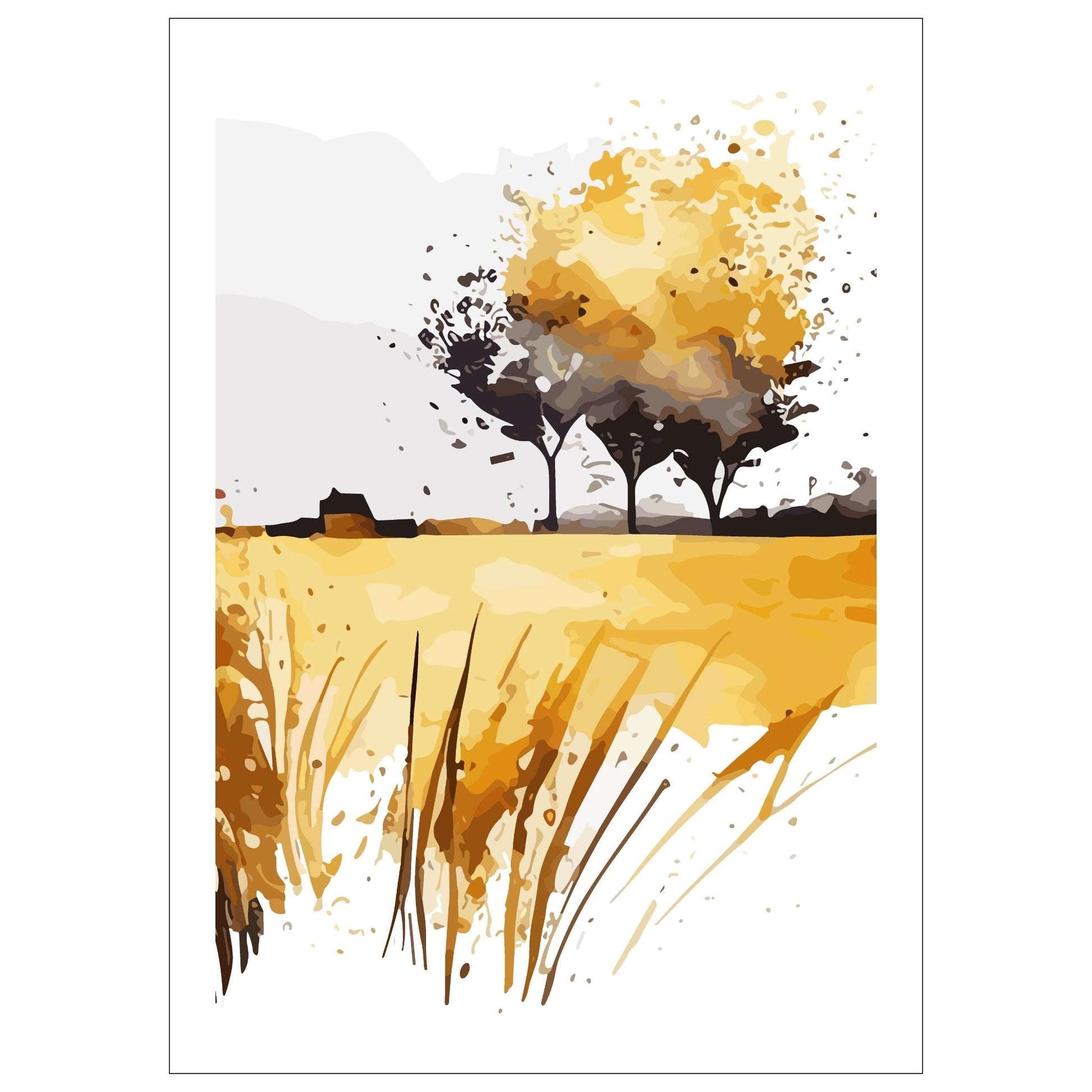 White Fields er en serie med grafisk akvarell. Motivet er åkerlandskap i duse orange, beige og svarte nyanser. Plakaten har en hvit kant som gir dybde og fremhever motivet.