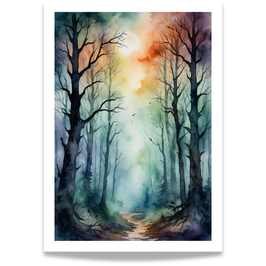 “Whispering Woods” fanger mystikken i en tåkekledd skog badet i blå og oransje toner.