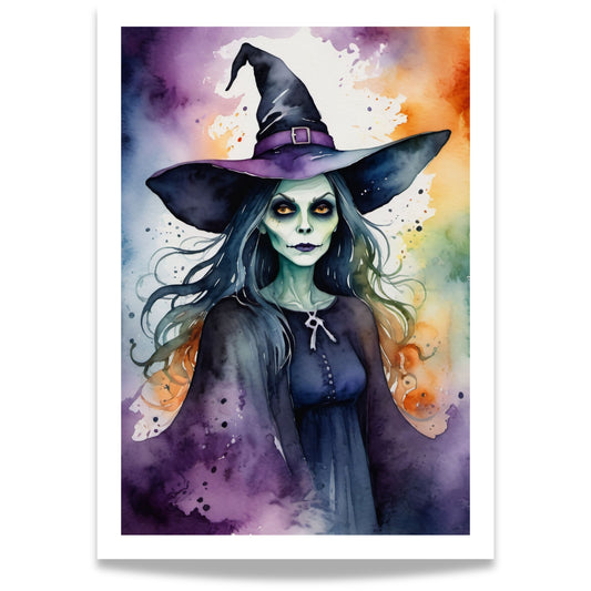“Wicked Witch” er en stemningsfull Halloween-plakat i akvarellstil, med en mørk og elegant heks omgitt av lilla og oransje toner.