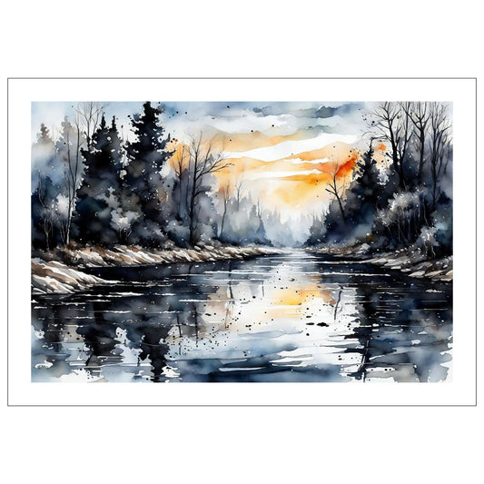 Digitalt kunstmaleri i akvarell som fanger essensen av vinterscenene med et sjarmerende landskap der snøfnugg danser i luften, og en himmel badet i kvelsdssol.