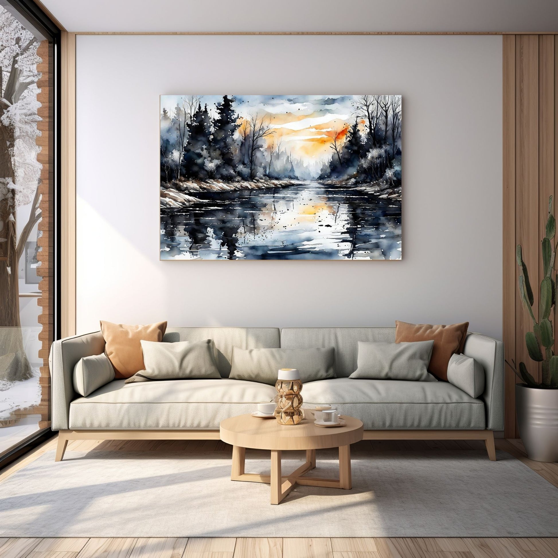Digitalt kunstmaleri i akvarell som fanger essensen av vinterscenene med et sjarmerende landskap der snøfnugg danser i luften, og en himmel badet i kvelsdssol.. Illustrasjonsfoto som viser motivet på lerret som henger over en sofa.