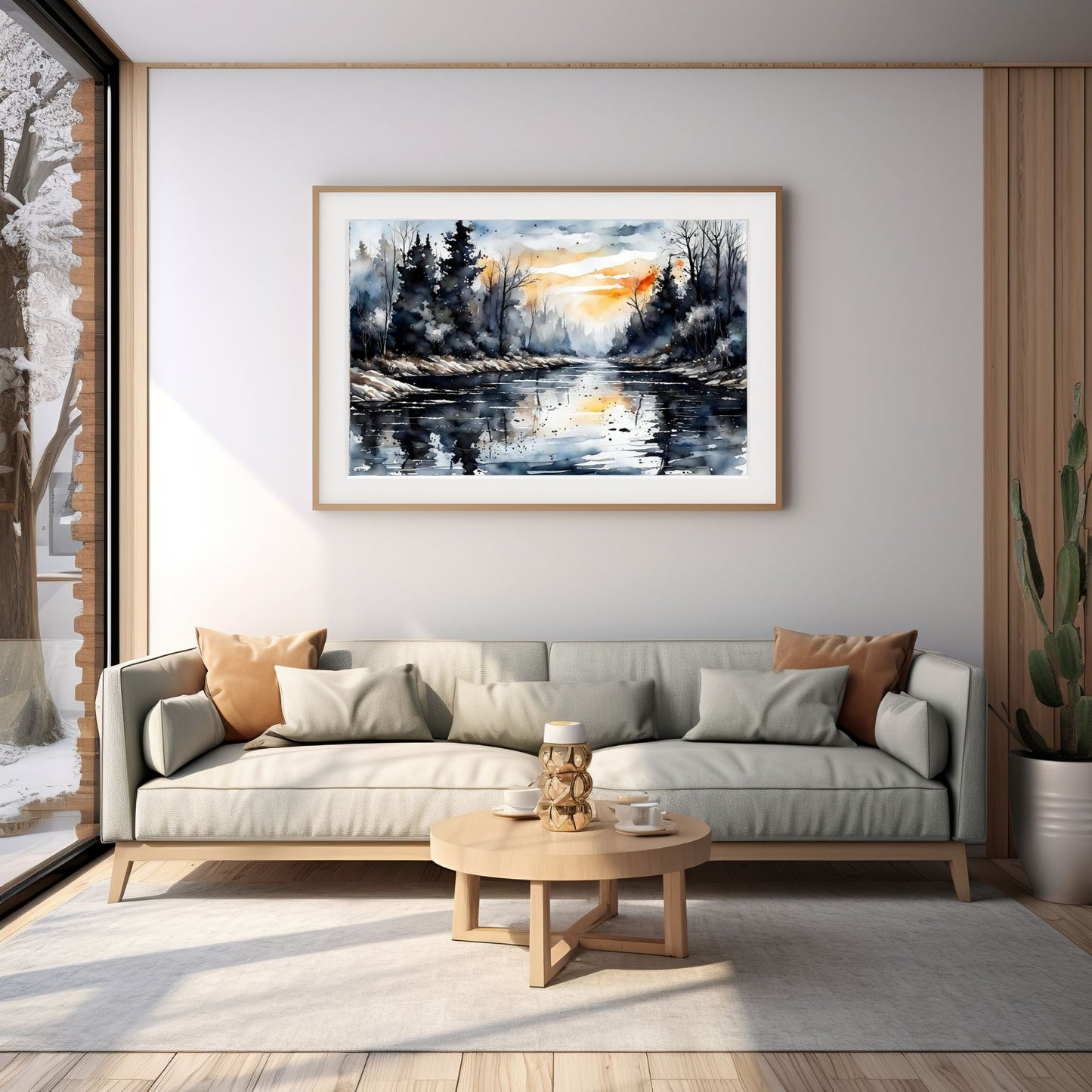 Digitalt kunstmaleri i akvarell som fanger essensen av vinterscenene med et sjarmerende landskap der snøfnugg danser i luften, og en himmel badet i kvelsdssol. Illustrasjonsfoto som viser motivet som plakat i en ramme som henger over en sofa.