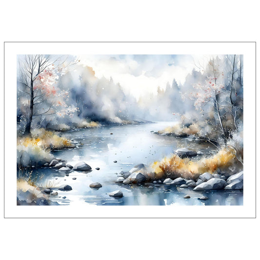 Digitalt kunstmaleri i akvarell som fanger essensen av vinterscenene med et sjarmerende landskap der snøfnugg danser i luften.