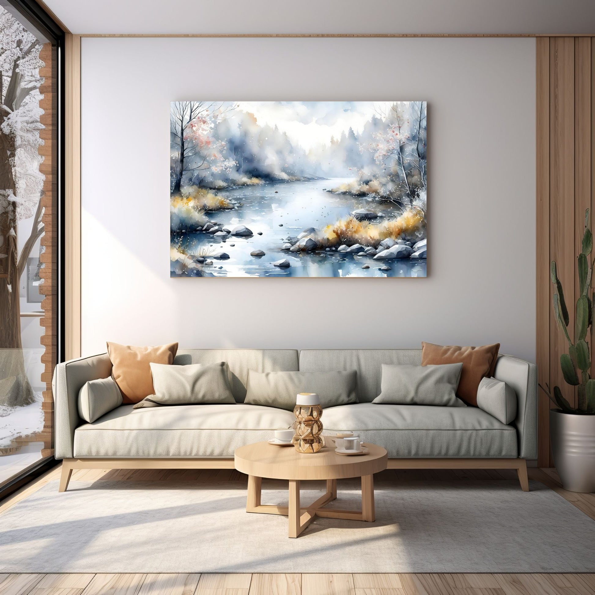 Digitalt kunstmaleri i akvarell som fanger essensen av vinterscenene med et sjarmerende landskap der snøfnugg danser i luften. Illustrasjonsfoto som viser motivet på lerret som henger over en sofa.