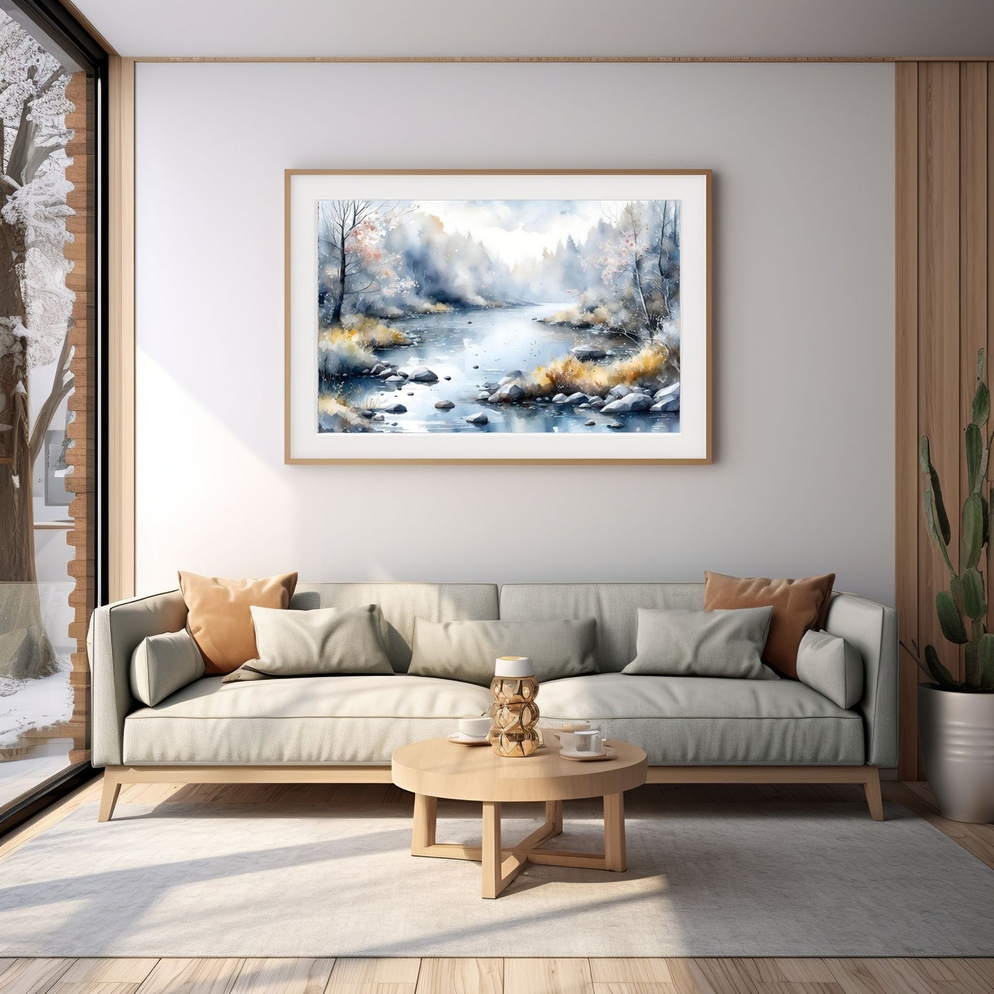 Digitalt kunstmaleri i akvarell som fanger essensen av vinterscenene med et sjarmerende landskap der snøfnugg danser i luften. Illustrasjonsfoto viser motiver som plakkat i ramme som henger over en sofa.