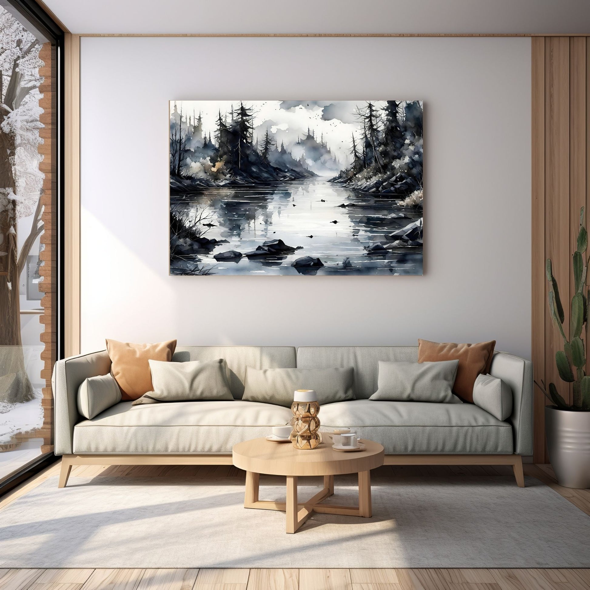 Digitalt kunstmaleri i akvarell som fanger essensen av vinterscenene med et sjarmerende landskap der snøfnugg danser i luften. Illustrasjonsfoto som viser motivet på lerret som henger over en sofa.