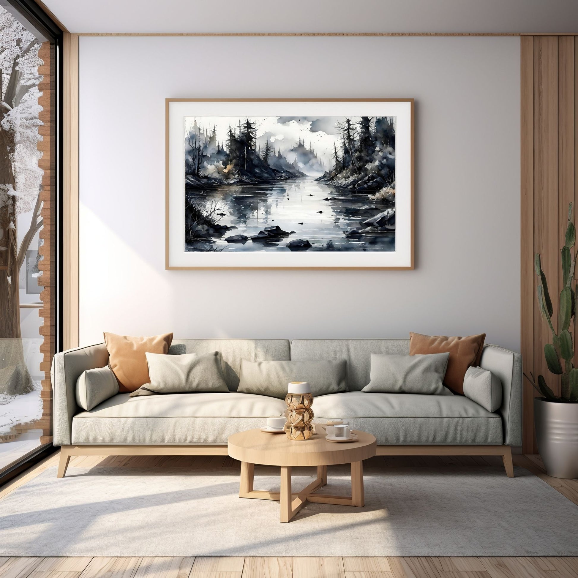 Digitalt kunstmaleri i akvarell som fanger essensen av vinterscenene med et sjarmerende landskap der snøfnugg danser i luften. Illustrasjonsfoto som viser motivet som plakat i ramme som henger over en sofa.