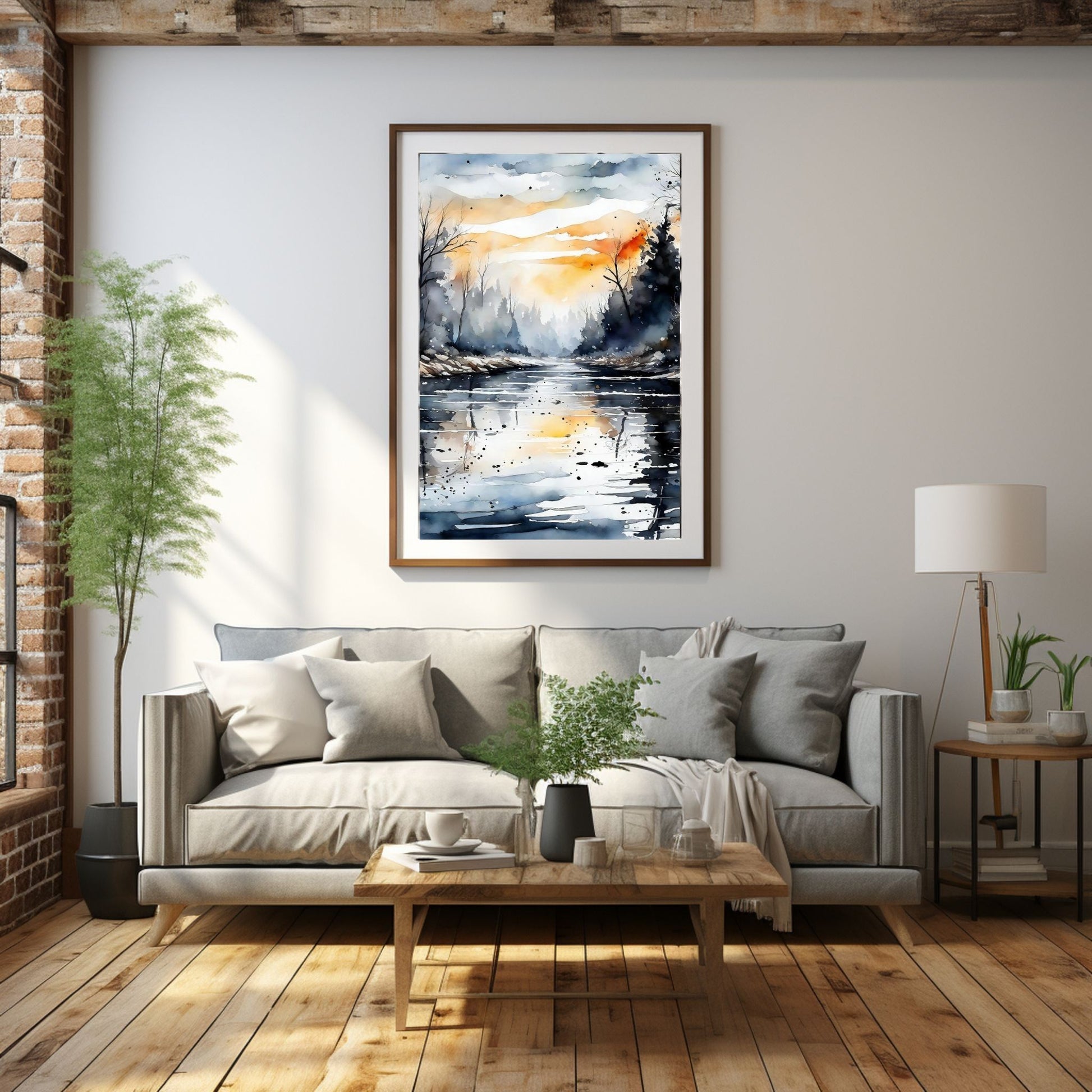 Digitalt kunstmaleri i akvarell som fanger essensen av vinterscenene med et sjarmerende landskap der snøfnugg danser i luften, og en himmel badet i kvelsdssol. Illustrasjonsfoto som viser motivet som plakat i ramme som henger over en sofa.