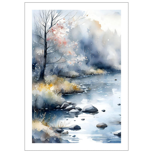Digitalt kunstmaleri i akvarell som fanger essensen av vinterscenene med et sjarmerende landskap der snøfnugg danser i luften. 