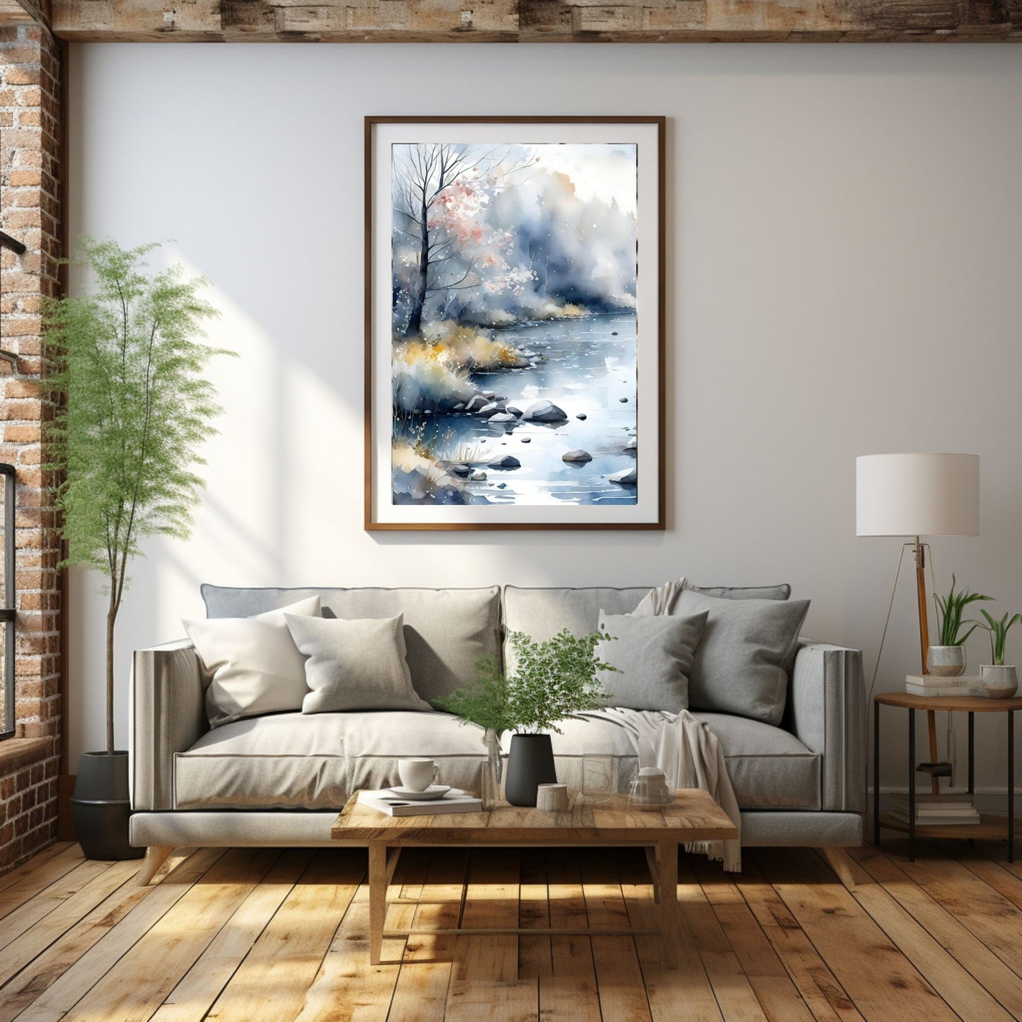 Digitalt kunstmaleri i akvarell som fanger essensen av vinterscenene med et sjarmerende landskap der snøfnugg danser i luften. Illustrasjonsfoto viser motiver som plakkat i ramme som henger over en sofa.